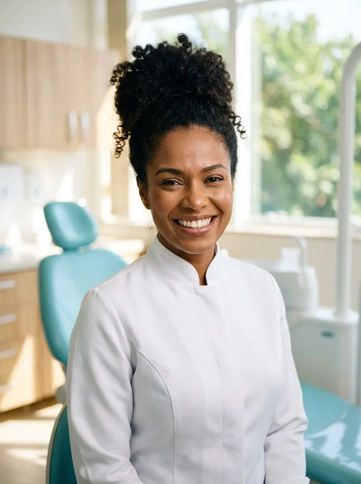 Dentista sorrindo em seu consultório